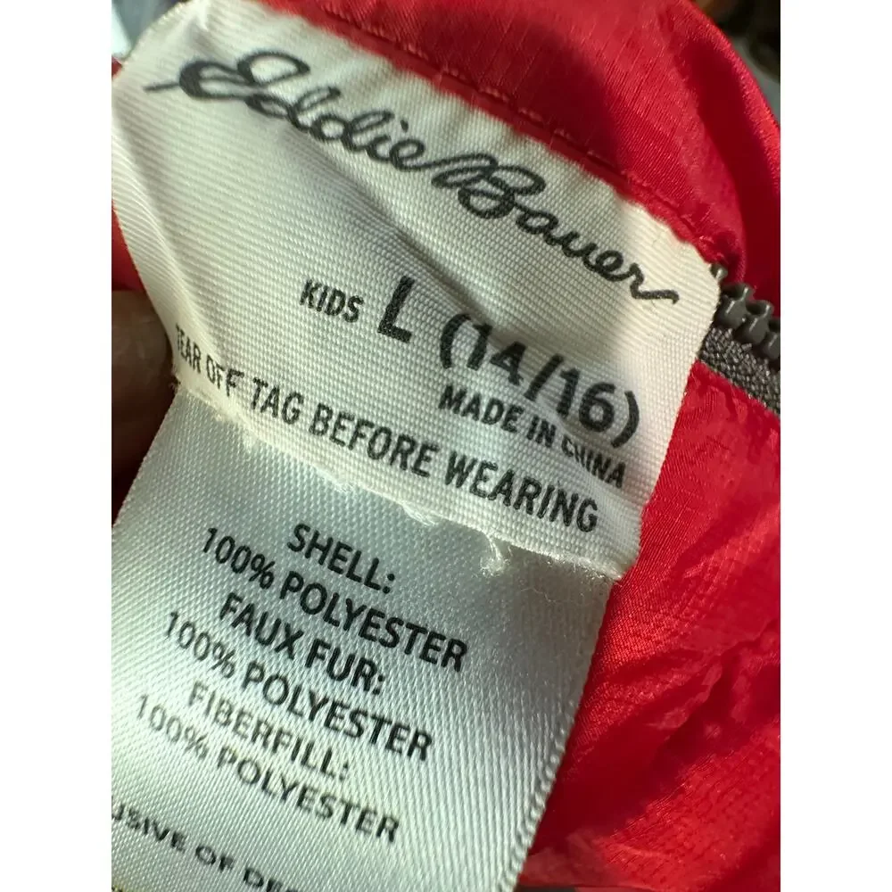 Eddie Bauer Youth Puffer Jacket Red Gray Hooded Coat Kids L 14/16 Winter